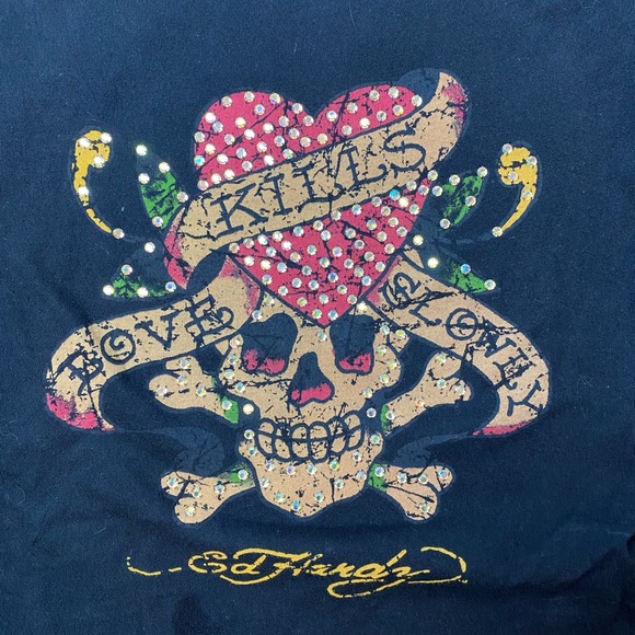 Y2K Ed Hardy skull and heart graphic rhinestone baby tee - Picture 3 of 5